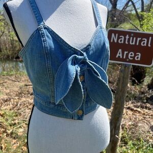 7 For All Mankind Light Blue Denim Tie-Front Crop Top